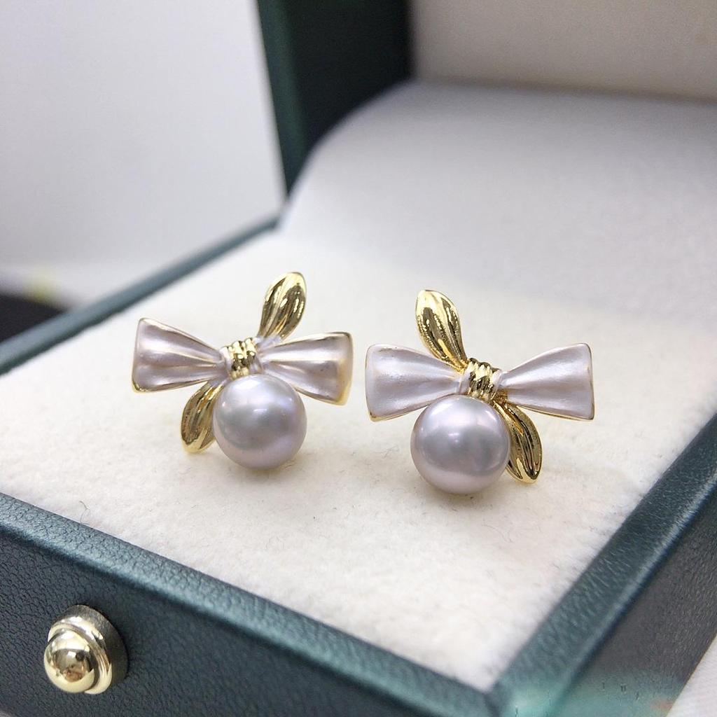 Bowknot Baked Paint Color Block Freshwater Pearl Stud Earrings
