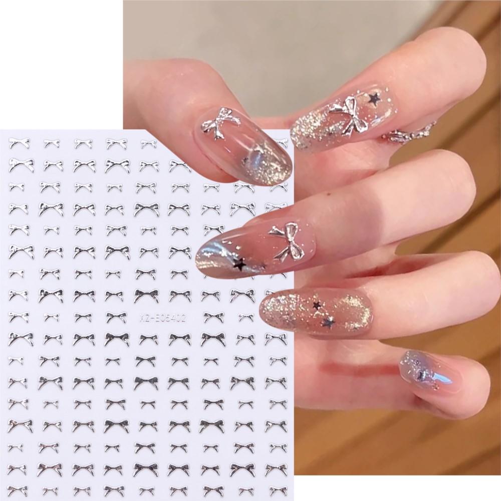 3PCS Cute Mini Bowknot Nail Stickers 3D Black Gold SilverSweet Ribbon Nail Decals Self‑Adhesive Bow Nail Slider Supplies 8*10cm