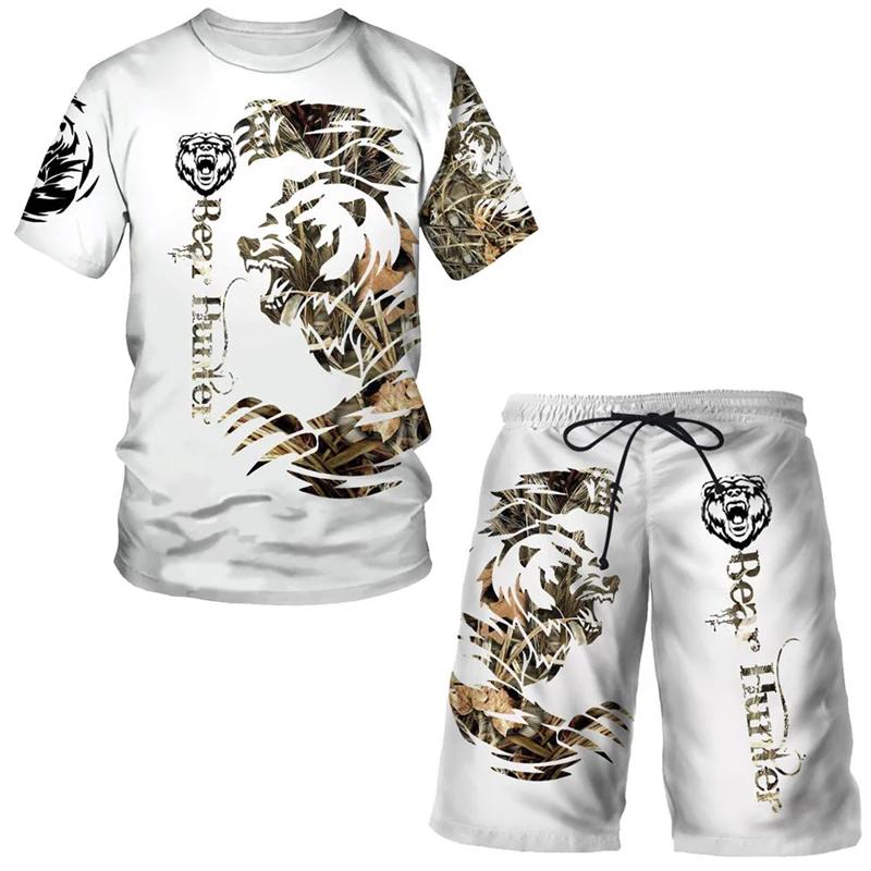 3D Tiger Print Plus-size Men's T-shirt Casual Daily Outdoor Fitness Quick-drying Breathable Street Short Sleeve Shorts Set
