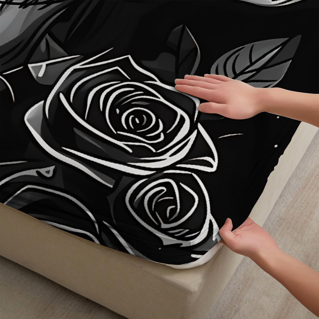 3pcs Fitted Sheet Set Skull And Rose 3D Printed Black And White Anti-Slip Durable Bed Sheet With Pillowcases For Bedroom Decor