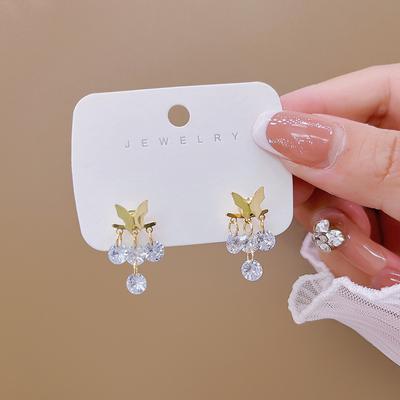 Micro-Set Crystal Zircon Diamond-Set Stud Earrings For Women, Exquisite And Simple Short Bow Tassel Women'S Earrings, Earrings.