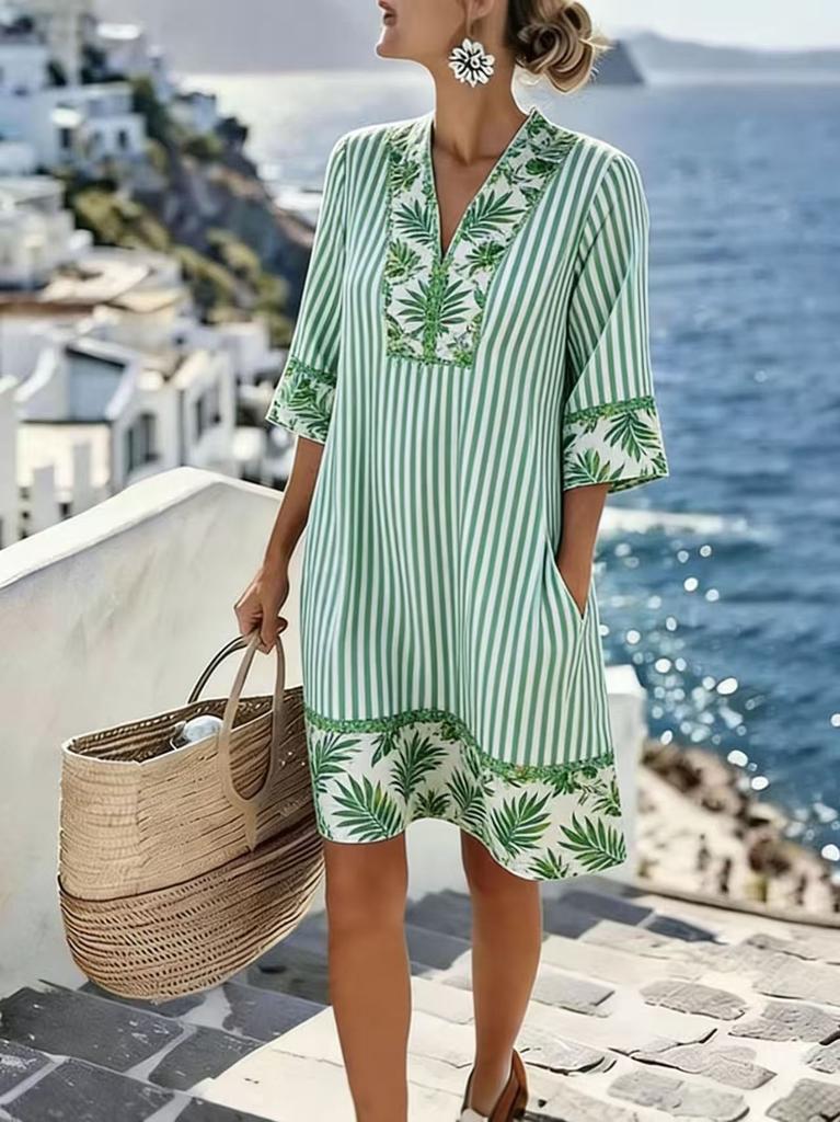Summer new European and American style V-neck striped loose beach dress casual short sleeve sun protection seaside vacation