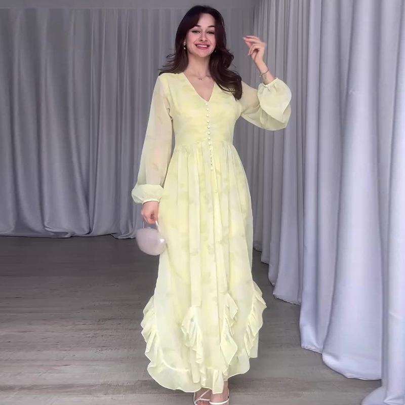 

2024 Лето Европейский и Американский Женский Нежный Стиль Рюши Сращивание Длинное Платье Large жёлтый