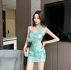 Pure desire summer clothes new sexy mesh printing lotus leaf edge low-cut V-neck off-the-shoulder tight hip-wrapped dress