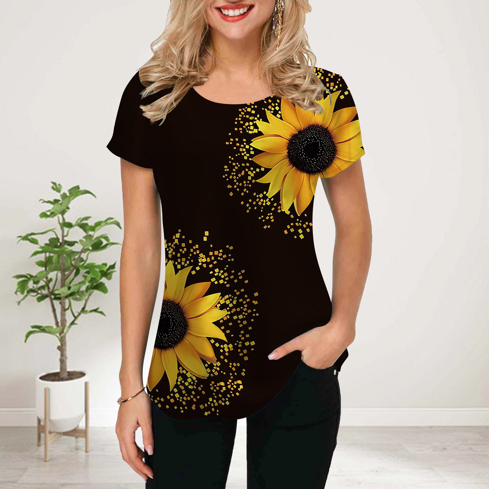

Женская летняя футболка с белым принтом подсолнуха, футболки с коротким рукавом, повседневные топы с принтом 8XL чёрный