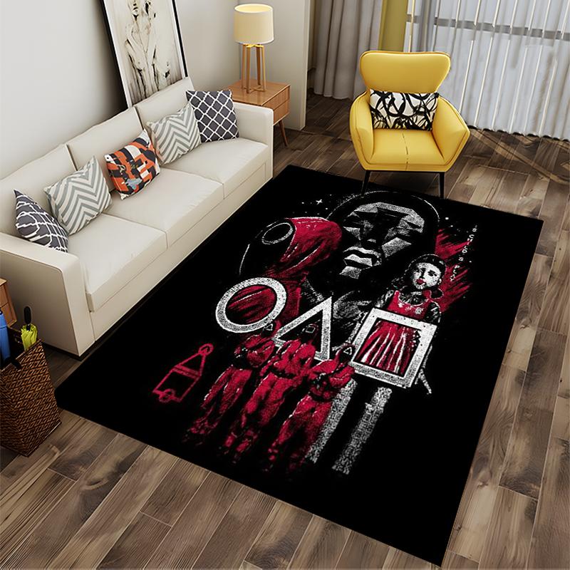"Black Carpet with Red Abstract Design and Game Character Print" Suitable for Use As an Anti-slip for Living Room Bedroom Sofas