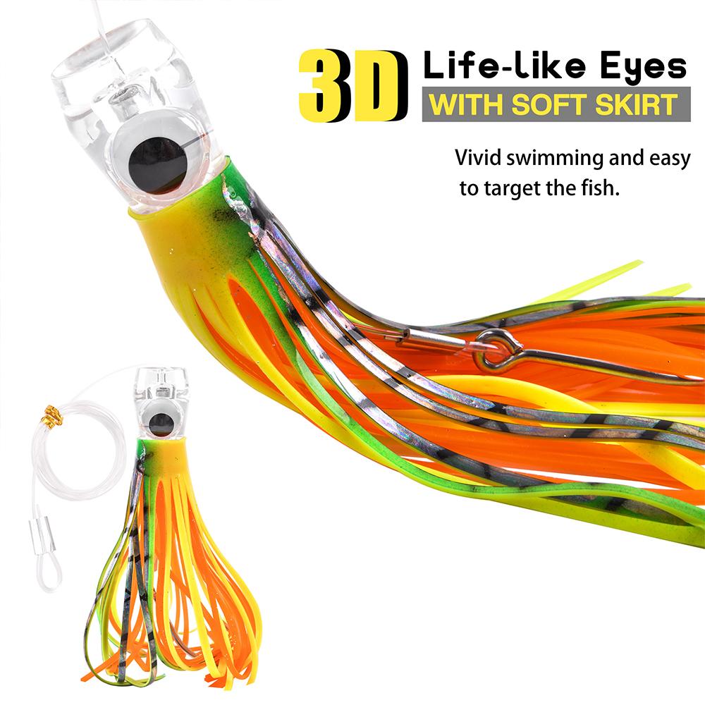 4Pcs 68g/107g Fishing Lures Saltwater Trolling Lures Rigged Squid Skirt with Leader Line Shark Hooks for Marlin Tuna Wahoo