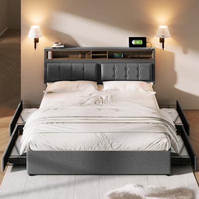 Tweepersoonsbed met 4 Lades & USB C-aansluiting, Gestoffeerd Bed 140x200cm, In Hoogte Verstelbaar Hoofdbord, Lattenbodem van Hout (Zonder matras)