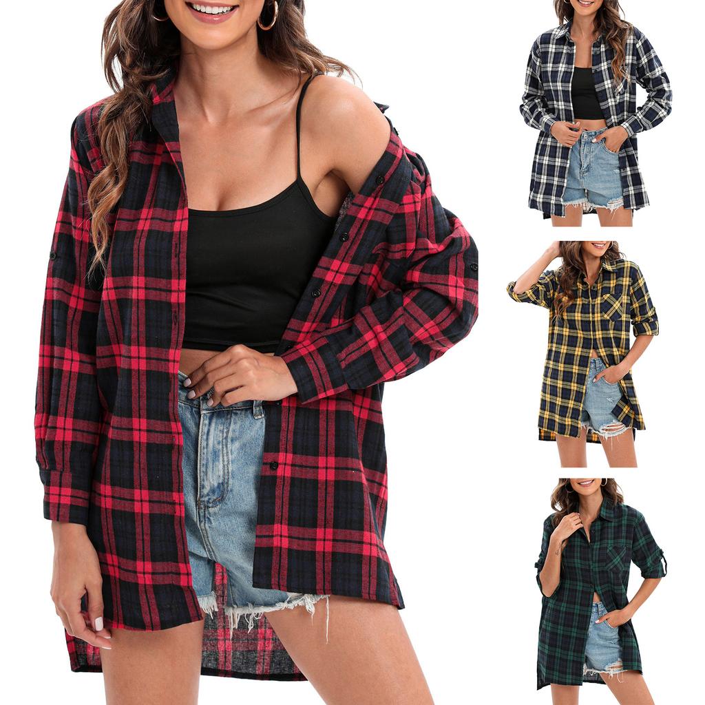 Neue Herbst Frauen Übergroßen Plaid Tartan Hemd Tasten Tasche Drehen-unten Kragen Langarm Baggy