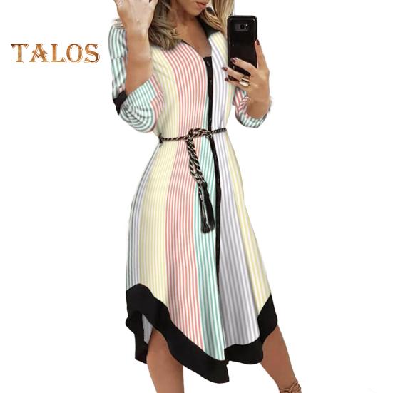 

Женское платье миди на пуговицах с V-образным вырезом, длинными рукавами, шнуровкой и принтом, летний повседневный наряд для повседневной носки, коктейльной вечеринки в клубе M разноцветный