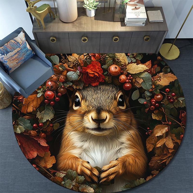 Herbst-Eichhörnchen Runder Teppich, Teppich für Wohnzimmer Schlafzimmer Sofa Spielzimmer Dekor, Rutschfeste Fußmatte