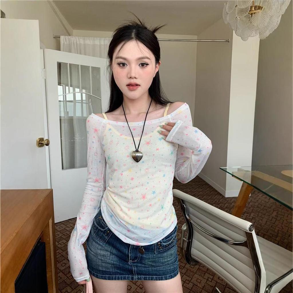 American Hot Girl One-Shoulder Long Sleeve Sun Protection Casual Top - Women's Spring/Summer Slim Fit Trend