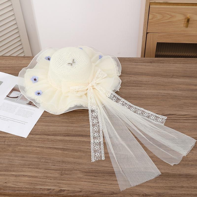 Summer Bow Sun Hat Female, Seaside Beach Vacation Sun Hat Outdoor Big Brim Sun Hat Sweet Straw Hat