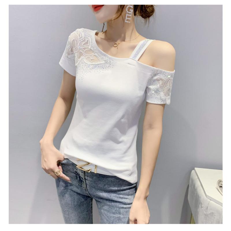 Summer New Design Sexy Fashion Top Small Shirt Off-Shoulder Hot Diamond Hollow Short Sleeve T-Shirt Women