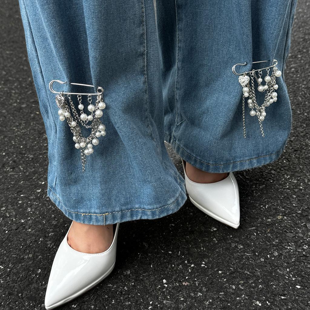 Imitation Pearl Heart Pendant Brooch Detachable Button Clasps Trouser Leg Decor Brooch Tassel Adjustable Jean Fit Tighten Buckle