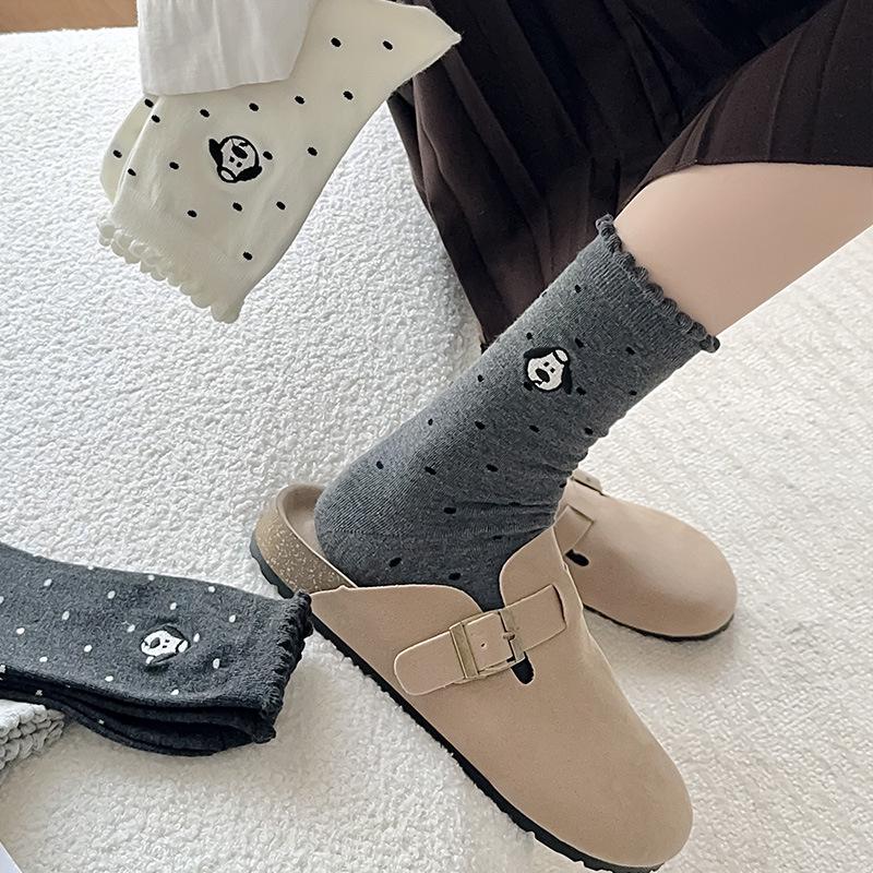 2024 Gray Women's Mid-Calf Cotton Socks - Polka Dot, Airplane, Dog Cartoon Design, Breathable & Sweat-Absorbent