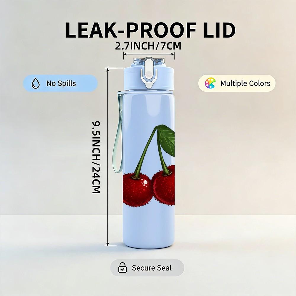 1PC Fresh Red Cherry Fruit Pair Print 750ml Color Plastic Sports Water Bottle Leakproof Flip Straw Lid Suitable for Sports Office Home Use