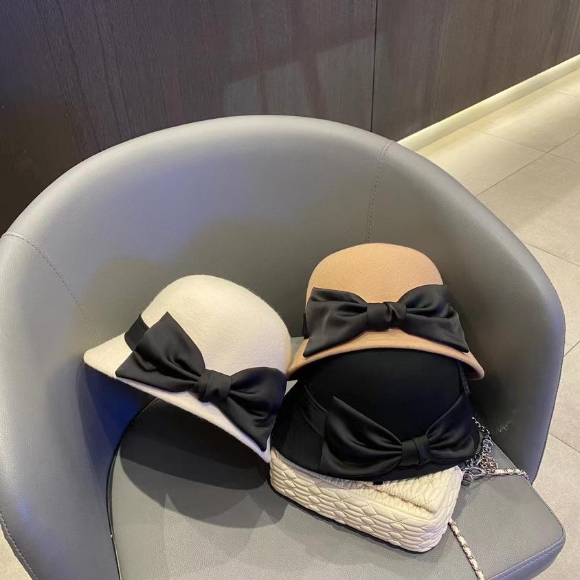 Japanese woolen top hat women's autumn and winter retro Hepburn style small edge basin hat elegant women's bow bucket hat