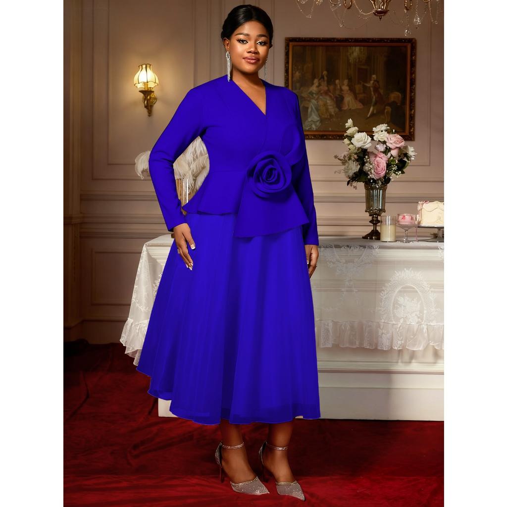 Plus Size Women's Long Sleeve 3D Flower Dress, V Neck Slim Waist Ruffled Hem Evening Party Gown