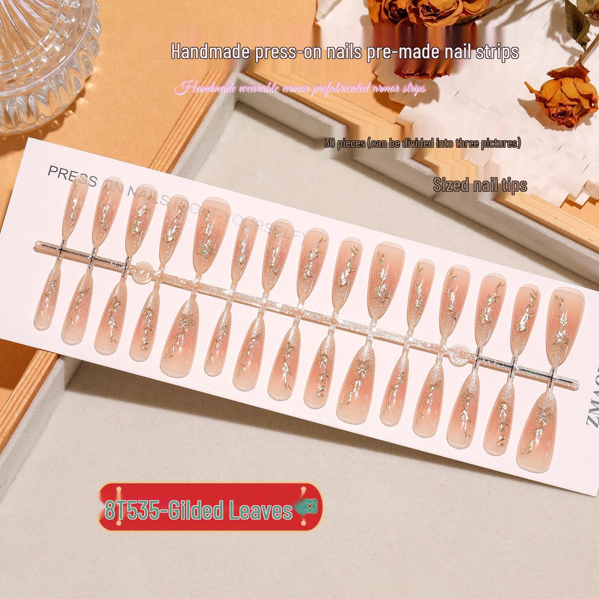 

Gilded Leaves Almond Ombre Cat Eye Luxury Nail Patches - 30 Pcs Full Strip M/M/M