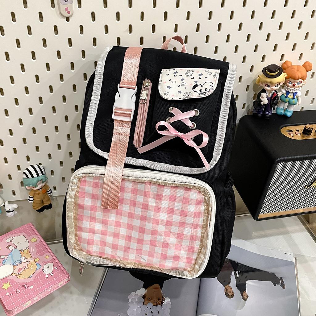 Designed Backpack Minimally With Grid Print And Bow Decoration For Daily
