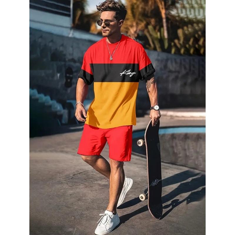 Men's Fashion Suit Harajuku Style Short-sleeved T-shirt + Shorts Two-piece Set Men's Trendy Sportswear Plus Size Casual Menswear