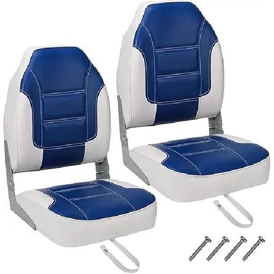 2 Pack Boat Seats, High Back Folding Boat Seats - Fishing Boat Chairs With Thick Sponge Padding for Speedboat, Sightseeing Boats blue white