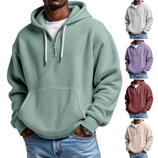 Men Quarter Zip Hoodie Waffle Hooded Sweatshirt Loose Fit Casual Pullover with Drawstring Pocket for School Gym Streetwear