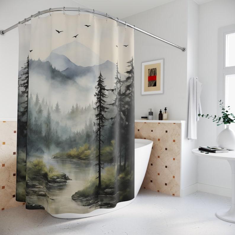 Foggy Mountain Shower Curtain – Misty Forest Woodland Design, Gift For New Homeowners Or Bathroom Redecoration