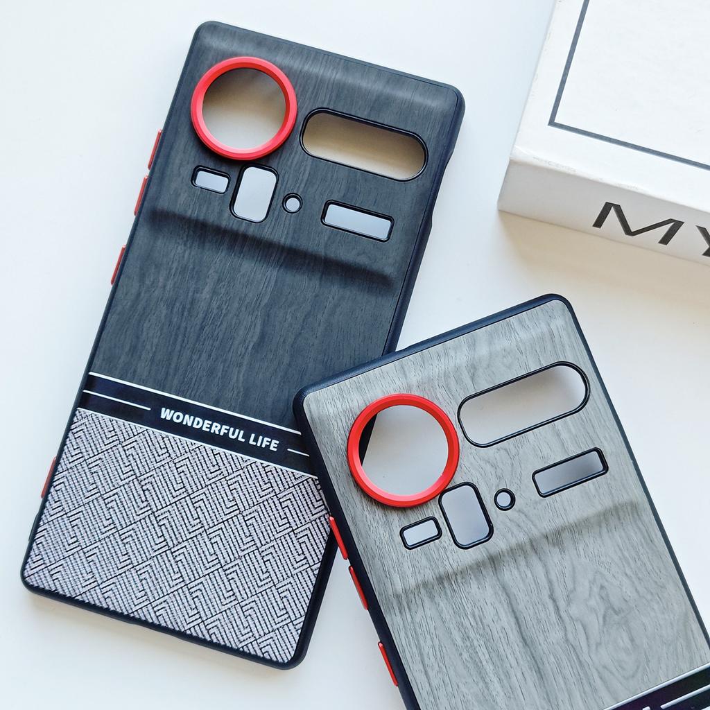 Holzmaserung Farbkollision Hülle Für ZTE Nubia Z80 Ultra und Z70 Z70S Ultra PU-Leder Tasten Objektivrahmen Schutzrückseite Weiche Abdeckung