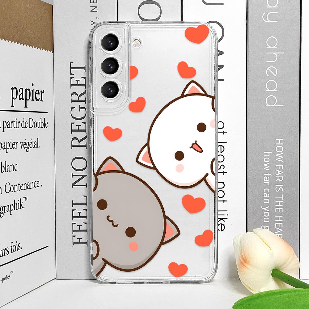 Funny Cartoon Peach Mochi Cat Phone Case for Samsung Galaxy S24 S23 S22 S21 S25 Ultra Plus FE 5G Clear Soft Covers Couple Fundas