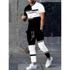 Letter Print Men's Autumn Warm Suit, Black And Brown Short-sleeved Top + Long Pants, Fashionable And Casual Two-piece Set
