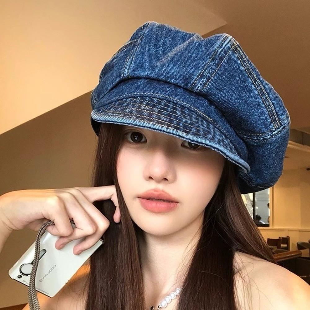 Cloud Octagonal Cap Vintage Peaked Hat Korean Washed Denim Beret  Women