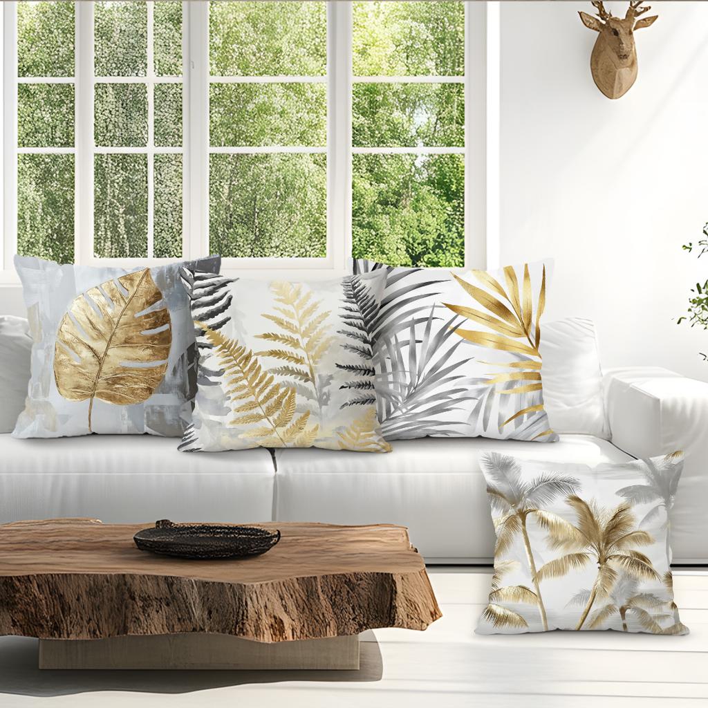 Vintage Gray And Gold Leaves Cushions Pillowcase Polyester Cushion Cover Throw Pillow Pillowcover Home Car Sofa Decor