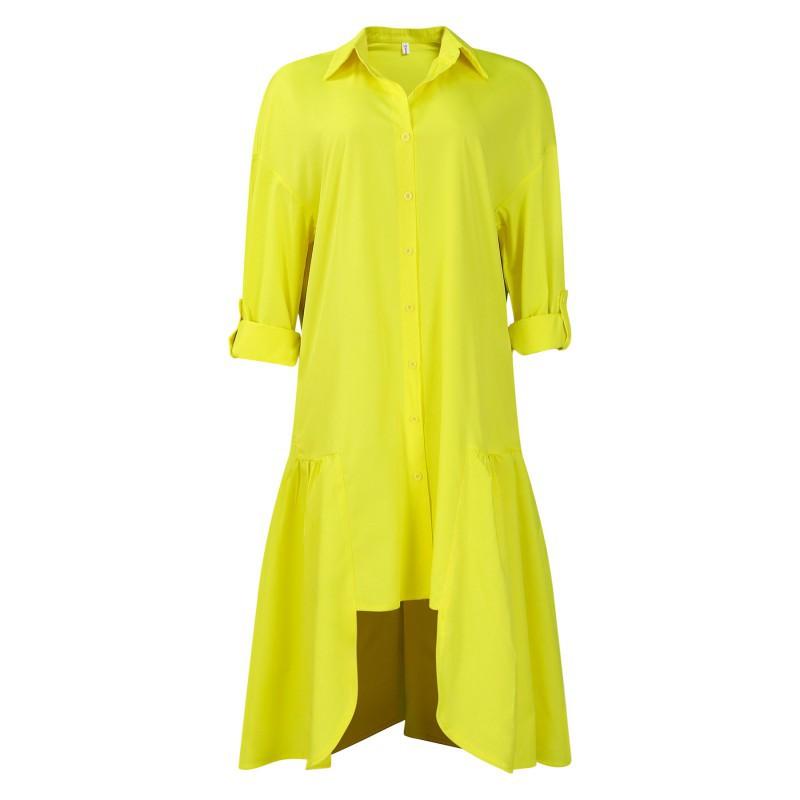 

Summer New Style Fashionable Loose Long-sleeved Irregular Mid-length Dress Solid Color Large-size S жовтий