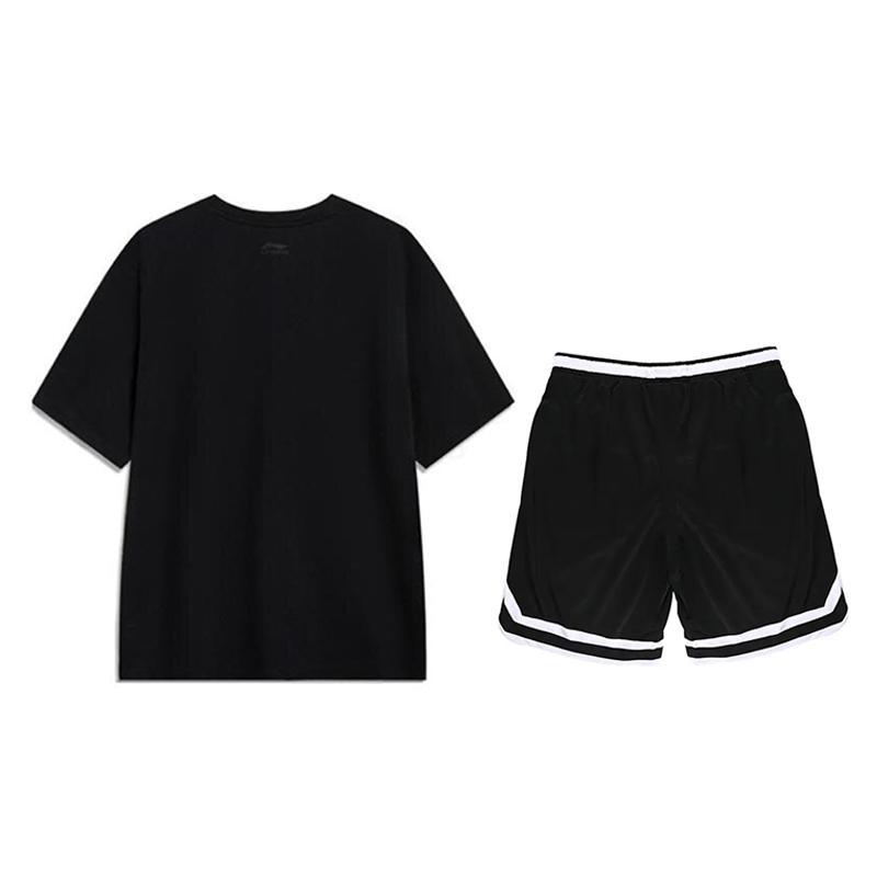Li Ning Logo Print Round Neck Short Sleeve T-Shirt Competition Striped Comfortable Shorts Casual Sports Suit Unisex Sports Suit YHSV373-2+YAPV001-1