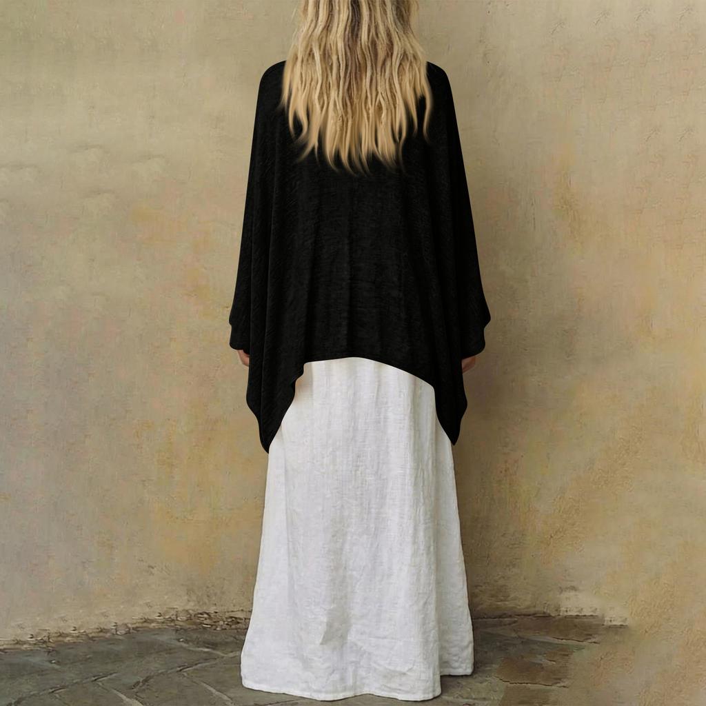 Women's Color V-Neck Long Sleeve Cape Top and Loose Fit Dress Two-Piece Set