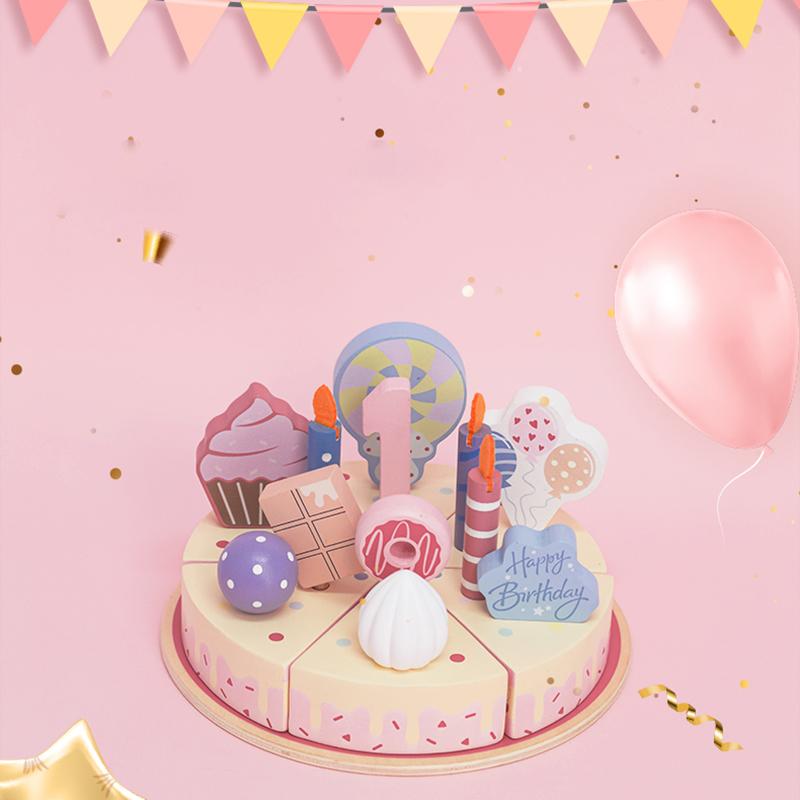 Wooden Simulation Birthday Cake Decorative Toys Educational Kitchen Cutting Food Role Play Game For Kids 2 Years Gifts