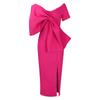 Womens Off Shoulder Big Bow Purple Bodycon Midi Dress Elegant Party Cocktail Dress