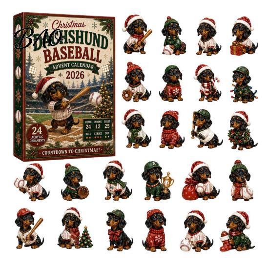 Acrylic Hanging Ornaments for Tree 2026 Dachshund Advent Calendar, 24 Days Baseball Dog Figures Lover Holiday Gifts Christmas Countdown Collectible