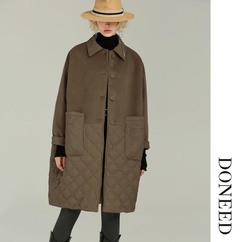 DONEED Women's Retro Wool-Blend Quilted Down Mid-Length Coat