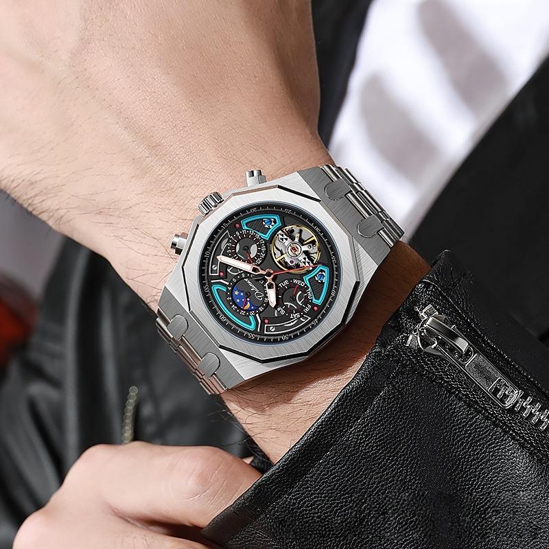 Automatic Men's Mechanical Watch for Sports 30M Water Resistant Stainless Steel Band Moon Phase Fluorescent Pointer Dial