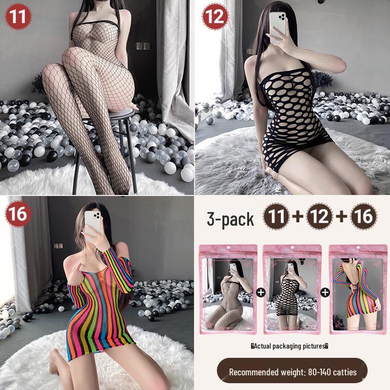 Linlinting Plus Size Sexy See-through Cutout Bodysuit with Open Crotch Stockings Set