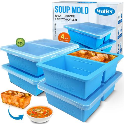 

Walfos 4-Pack 1-Cup Silicone Freezer Molds with Lids, Soup Freezer Ice Cube Trays, Silicone Food Freezer Containers for Storing and Freezing Soup, Bro