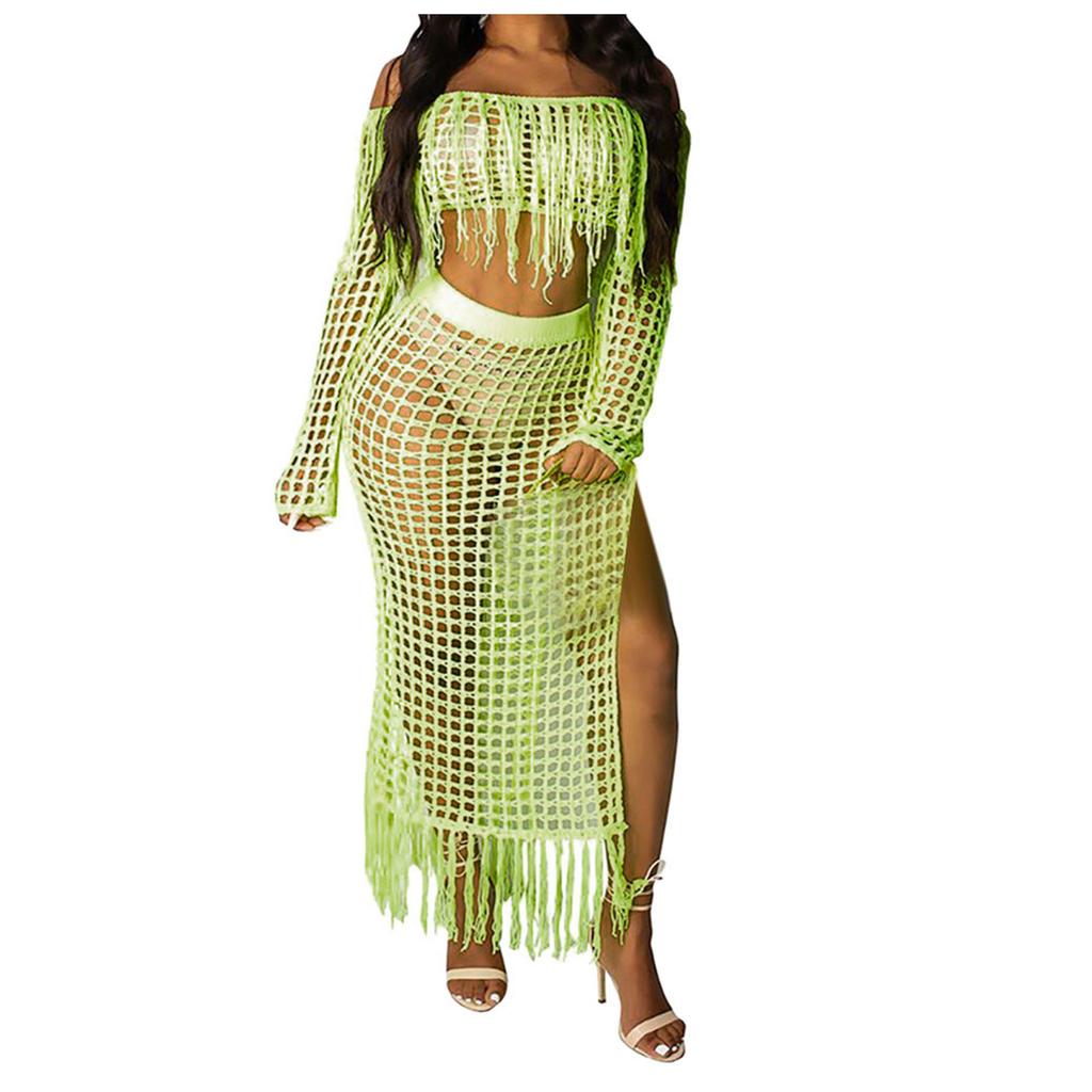 Women Sexy Long Sleeve Tassels Hollow Out Blouse Tops+Slit Beach Skirt Suit Sets
