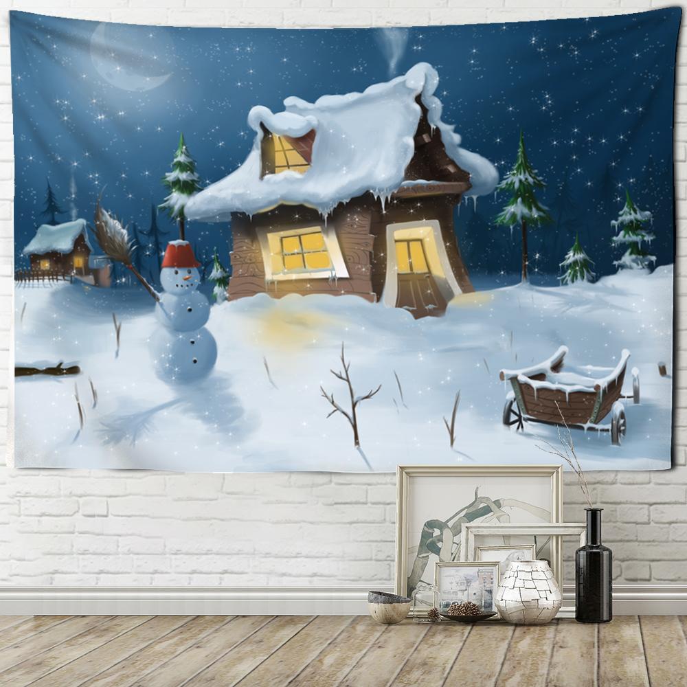Cute Animal Elk Print Tapestry Christmas Snow Scene Illustration Wall Hanging Hippie Witchcraft Home Decor