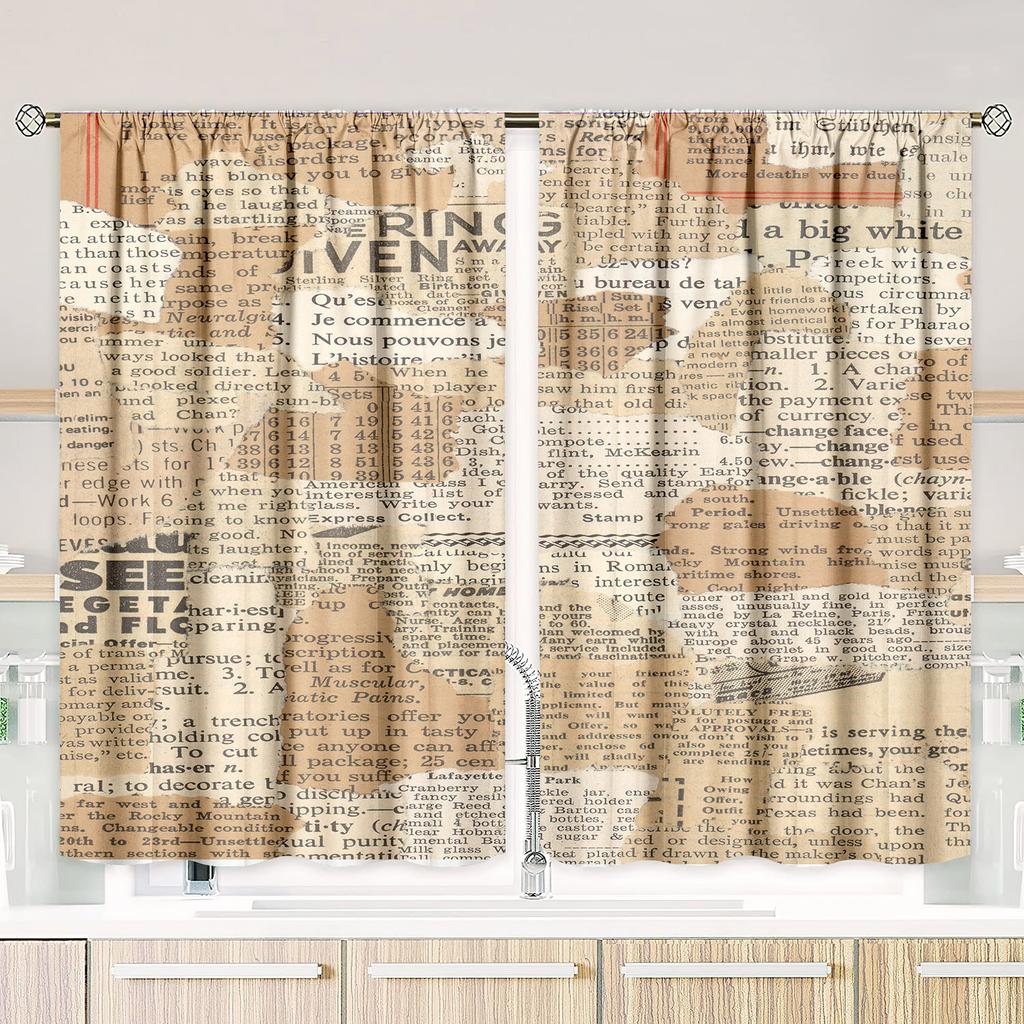 2 Stück - Vorhang mit Zeitungsdruck - Polyestermaterial - geeignet für Schlafzimmer, Wohnzimmer, Arbeitszimmer - Sichtschutzvorhang