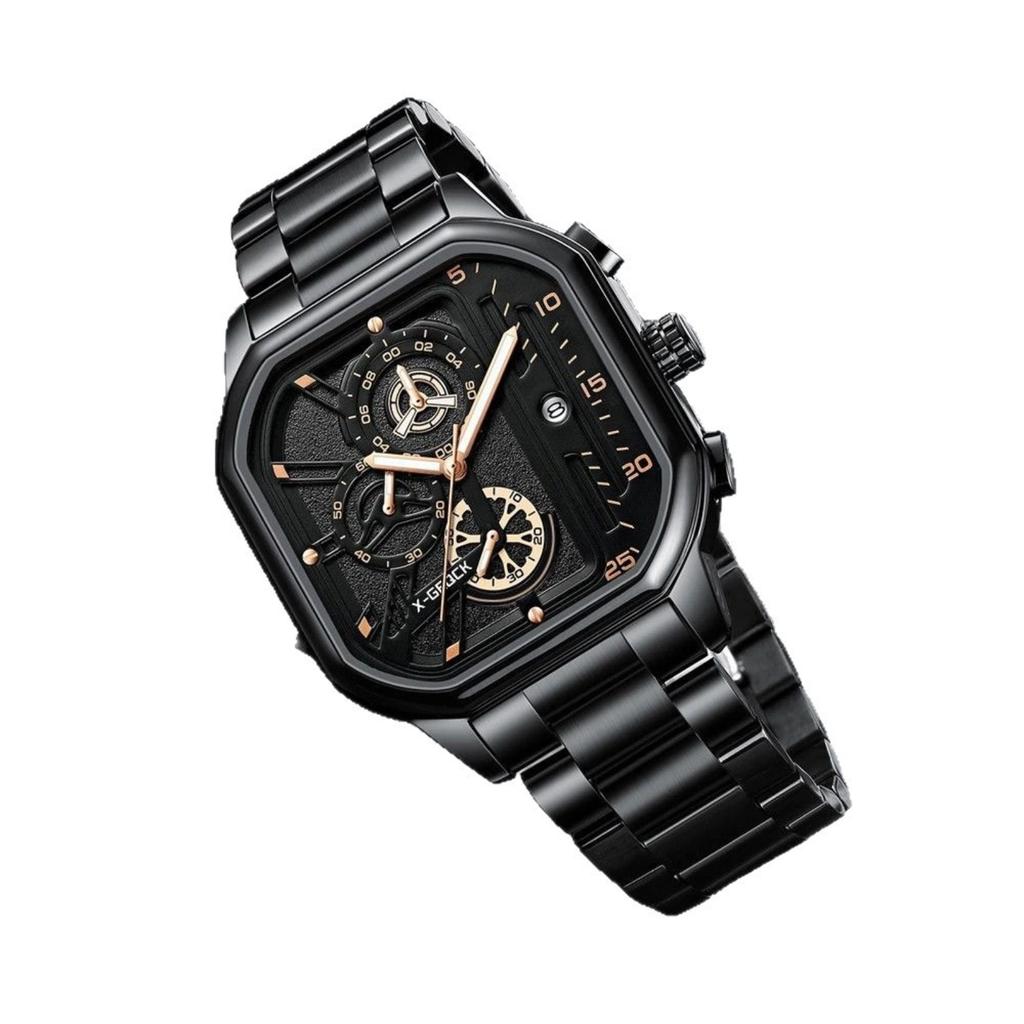 Men's Waterproof Multifunction Wristwatch with Night Light Stainless Steel Band and Square Dial Chronograph Date Display