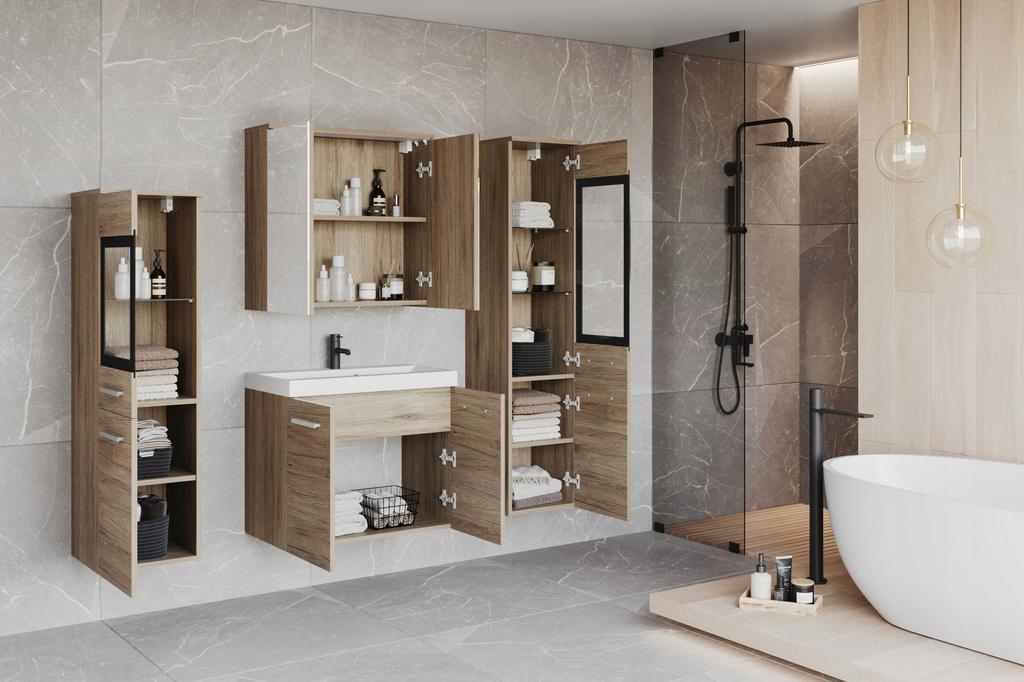 Wall-hung matte bathroom set with washbasin, columns and San Remo mirror