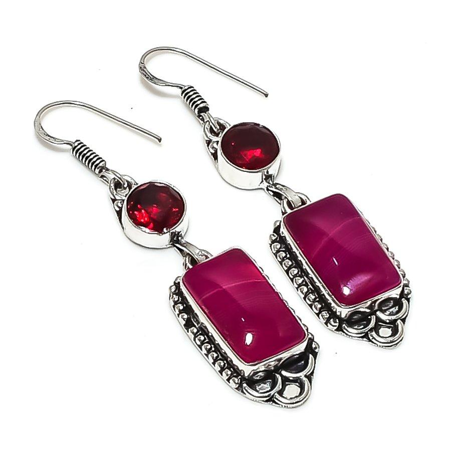 Natural Pink Lace Agate, Garnet 925 Sterling Silver Jewelry Earring 2.32" y7P94